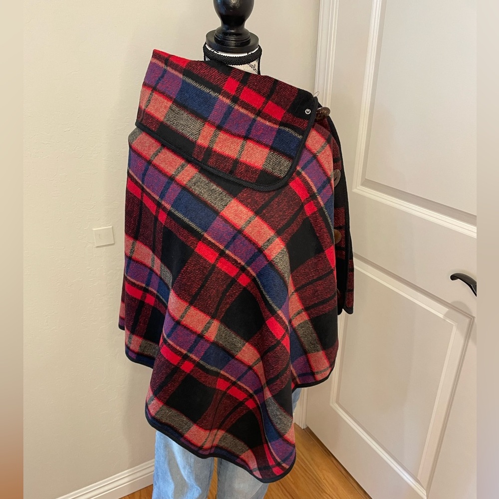 Plaid Button Poncho Coat in Red and Black